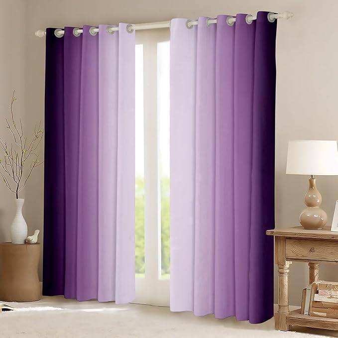 jejeloiu (2 Panels, 38 x 54 Inch Purple and White Darkening Drapes Gradient Style Curtains for Bedroom for Kids Women Men Ombre Printed Blackout Curtains Geometric Window Treatments