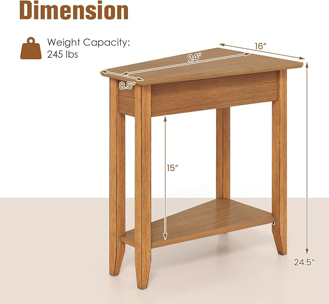 Giantex Wedge End Table, Triangle Side Table with Storage Shelf and Solid Wood Legs, 24.5" Tall Nightstand, Modern Narrow Accent Recliner Table for Small Space Living Room, Light Walnut