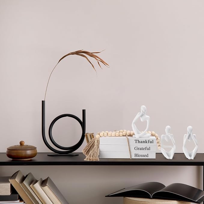 Beeveer 3 Pcs Decorative Books for Home Decor, White Faux Books for Decoration, White Resin Thinker Statue Abstract Art Sculptures, Rustic Farmhouse Beads Centerpiece for Room Office Shelf Desktop