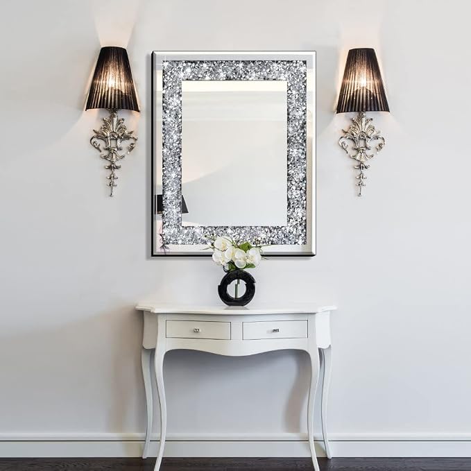 QMDECOR Crushed Diamond Mirror 16x20 Inch Silver Wall Decor