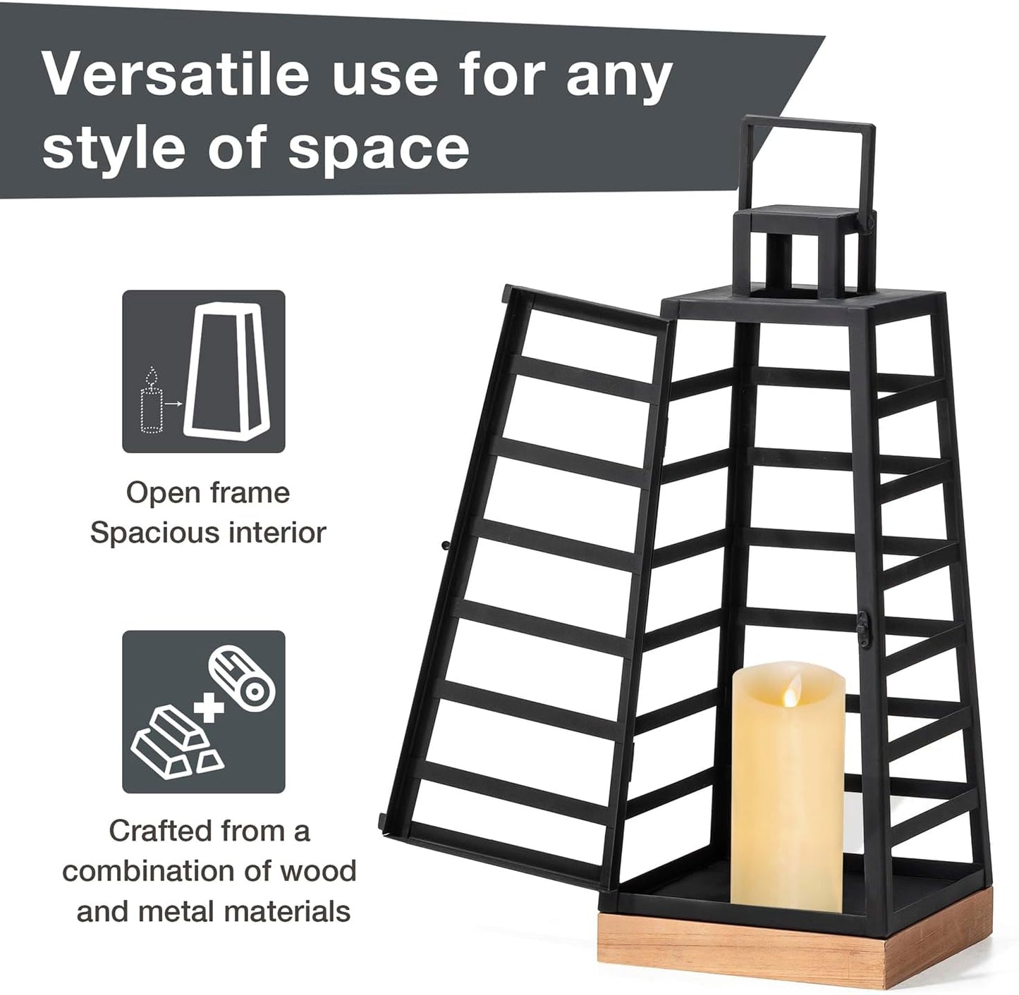 Glitzhome Set of 2 Modern Trapezoid Metal/Wood Decorative Lanterns,Large Candle Lanterns for Living Room,Home,Indoor, Outdoor,Table,Fireplace Mantle Decor -Black(No Glass)