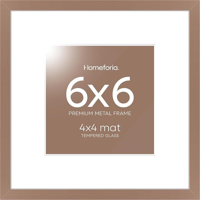 Homeforia 6x6 Picture Frame Mocha, High End Metal 6 x 6 Square Photo Frames with Mat 4 by 4, 6x6 Poster Frame Matted to 4x4 inches Print, 6by6 Wall or Tabletop Frame, Tempered Glass, Wall Kit, Set of 2