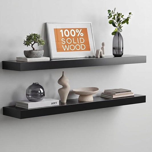Homeforia Black Floating Shelves 36 inches Long, High End Solid Real Wood 36 inch Floating Shelf for Wall Mounted, Black Wooden 36in Floating Shelves, Heavy Duty Bracket, 36 X 6.5 X 1.75 in, Set of 3