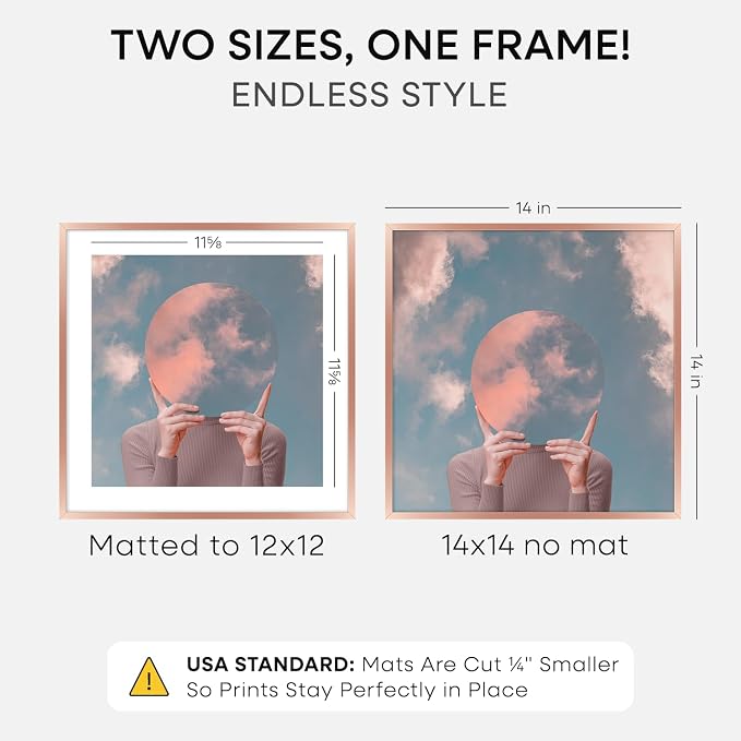 Homeforia 14x14 Picture Frame Rose Gold, High End Metal 14 x 14 Square Poster Frame with Mat 12 x 12 Photo, 14x14 Frame Matted to 12x12 Print, 14by14 Hanging Frames, Tempered Glass, Wall Kit, Set of 1