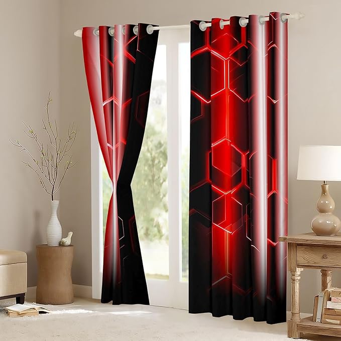 jejeloiu Honeycomb Curtains (2 Panels, 52 x 84 Inch) Modern Hexagon Theme Red Curtains Room Strip Lines Darkening Dreapes Modern Gradient Black Red Window Treatments Blackout
