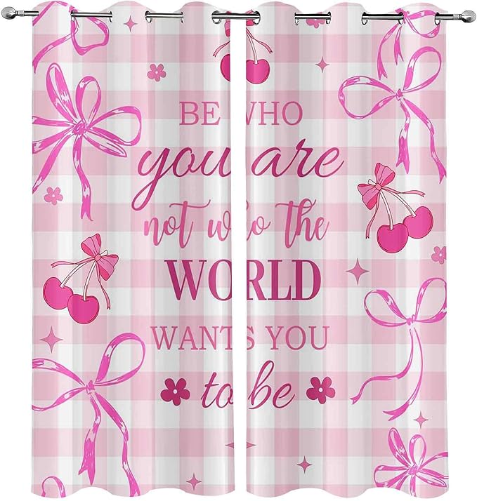 LUVIVIHOME Pink Cherry Bow Buffalo Plaid Curtains, Cute Preppy Blackout Curtains for Girls Bedroom Living Room, Floral Bowknot Girly Coquette Room Decor, Grommet Window Drapes 2 Panel Sets, 42x63 Inch