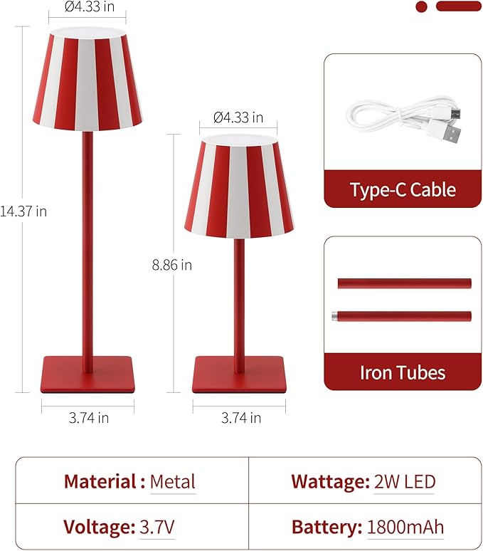 UME 3 Pack Cordless Table Lamp, Battery Operated Lamp - Portable Waterproof Rechargeable Table Lamp w/ 3 Color Temps & Stepless Dimming for Dinner, Desk, Cafe, Outdoor (Red)