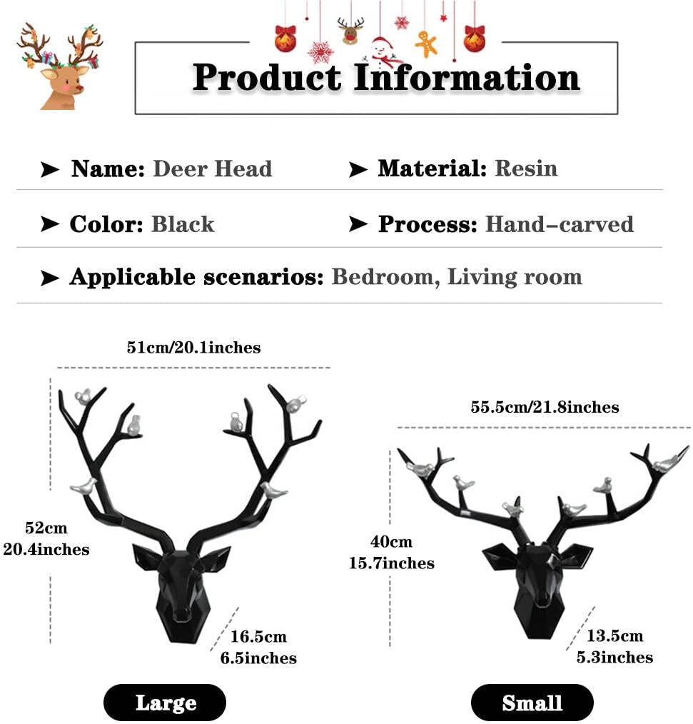Deer Head Wall Decor Geometric Rustic Wall Mounted Deer Head, Faux Taxidermy Animal Head Wall Art Pendant, Handmade Resin Head Sculptures for Porch, Detachable Antlers, 6 Styles(Black,21.8x15.7IN)