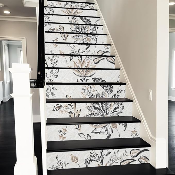 REDAMANCY Vintage White Grey Black Flower Paisley Peel and Stick Vinyl Stair Riser Decals Staircase Tile Stickers Decor Modern Marble Decoration Self-Adhesive(14 Pcs)