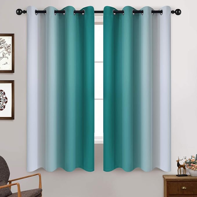 Yakamok Ombre Curtains Teal and Greyish White for Living Room,52Wx63L | Room Darkening Curtains 63,Thermal Insulated Gradient Color Drape,Light Blocking Grommet Window Curtains for Bedroom,2 Panels