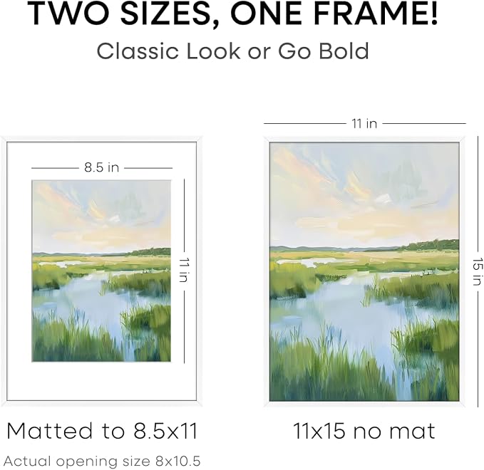 Homeforia 11x15 Picture Frame White, High End Metal 11x15 Poster Frames with Mat for 8.5x11, 11 x 15 White Frames Matted to 8.5 x 11 inch Photo, 11by15 Hanging Frames, Tempered Glass, Wall Kit, Set of 2