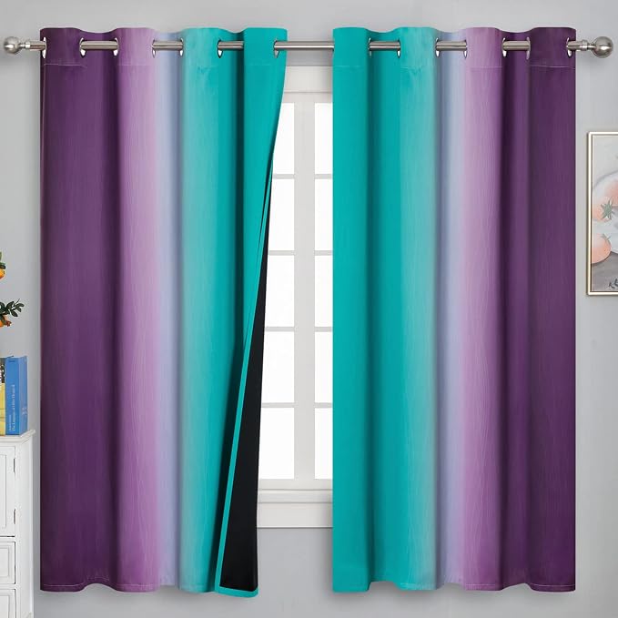 Teal and Purple Gradient Curtains 63 Inch Length 2 panels, Ombre and Wavy Line Pattern Blackout Curtains for Kids Room, Full Light Blocking Thermal Insulated Grommet Drapes for Bedroom, 52x63 Inch