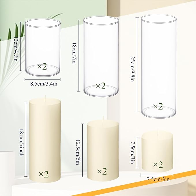 Shihanee Set of 6 Pillar Candles with Glass Cylinder Vases Clear Cylinder Hurricane Candleholders for Slim Tall Pillar Candles Wedding Table Centerpieces(3'' X 5.9", 7.9", 9.8",Ivory)