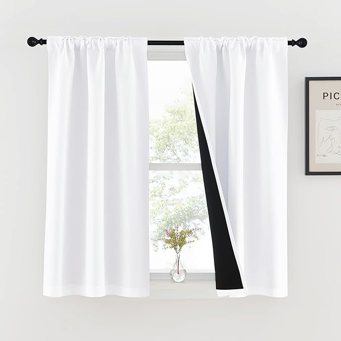 NICETOWN 100% Blackout Kitchen Curtain Panels, Cold and Full Light Blocking Drapes with Black Liner, 54 Inches Drop Thermal Insulated Draperies for Kitchen (White, 2 Pieces, 37 inches Wide Each Panel)