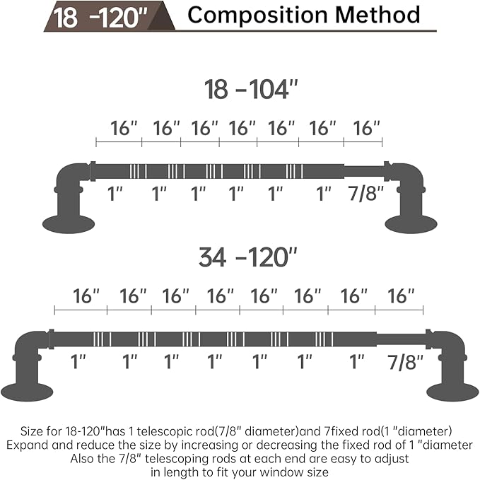 Industrial Curtain Rods 18 to 120 in,Wrap Around Rods, Adjustable Curtain Pole,1 in Diameter Pipe Wall or Ceiling Mounted,for Living Room(Brushed Crimson Black18” to 120”)