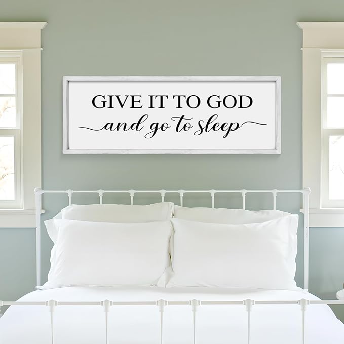 Give It to God and Go to Sleep Sign 42''×15'' Large Above Bed Wall Decor Farmhouse Bedroom Decor Wood Framed Guest Room Decor Wall Art Rustic Master Bedroom Wall Decoration (White)