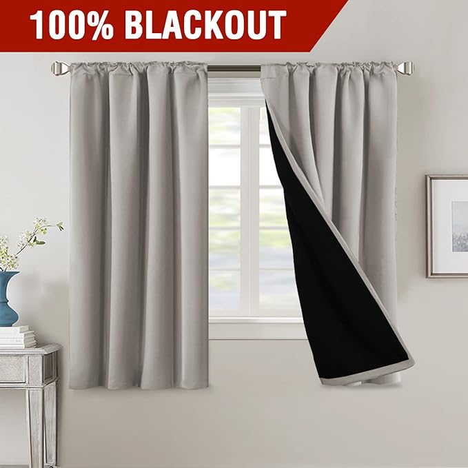 H.VERSAILTEX 100% Blackout Curtains for Bedroom with Black Liner Full Room Darkening Curtains Thermal Insulated Back Tab/Rod Pocket Window Drapes for Living Room, 2 Panels, 42 x 63 Inch, Warm Taupe