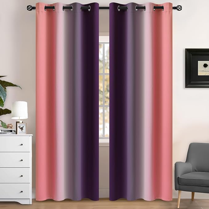 Yakamok Blackout Ombre Dark Pink and Dark Purple Curtains-Gradient Room Darkening Curtain, Grommet Thermal Insulated Light Blocking Window Drapes/Curtains for Living Room Bedroom,52 x 84 Inch,2 Panels