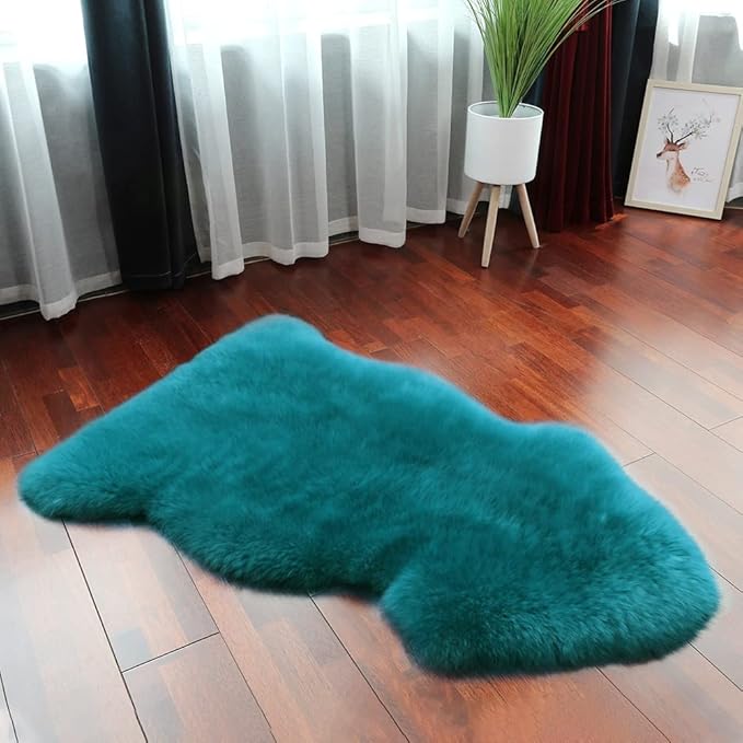 IRIWOOL Premium Genuine Fur Sheepskin Rug Real Australia Sheepskin Natural Luxury Fluffy Lambskin Fur Area Rug Seat Covers for Kids Bedroom Sofa Chair Cover (Dark Aquamarine, Single Pelt/2ft x 3ft)