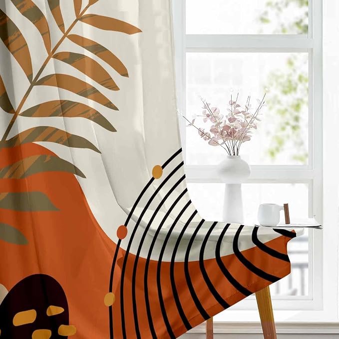 Colorful Boho Curtains Mid Century Modern Semi Sheer Curtains 52X96 Inch Abstract Leaves Retro Rainbow Living Room Curtain 2Pc Fun Geometric Drapes Yellow Plant Window Curtain for Bedroom