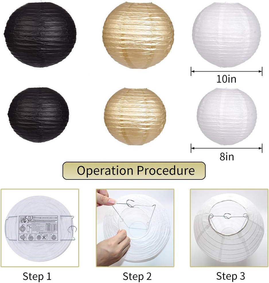 Black Gold Party Decorations, Black Gold Paper Lanterns and Pom Poms Flowers for Birthday Party Graduation Masquerade New Years Party Decor 15PCS