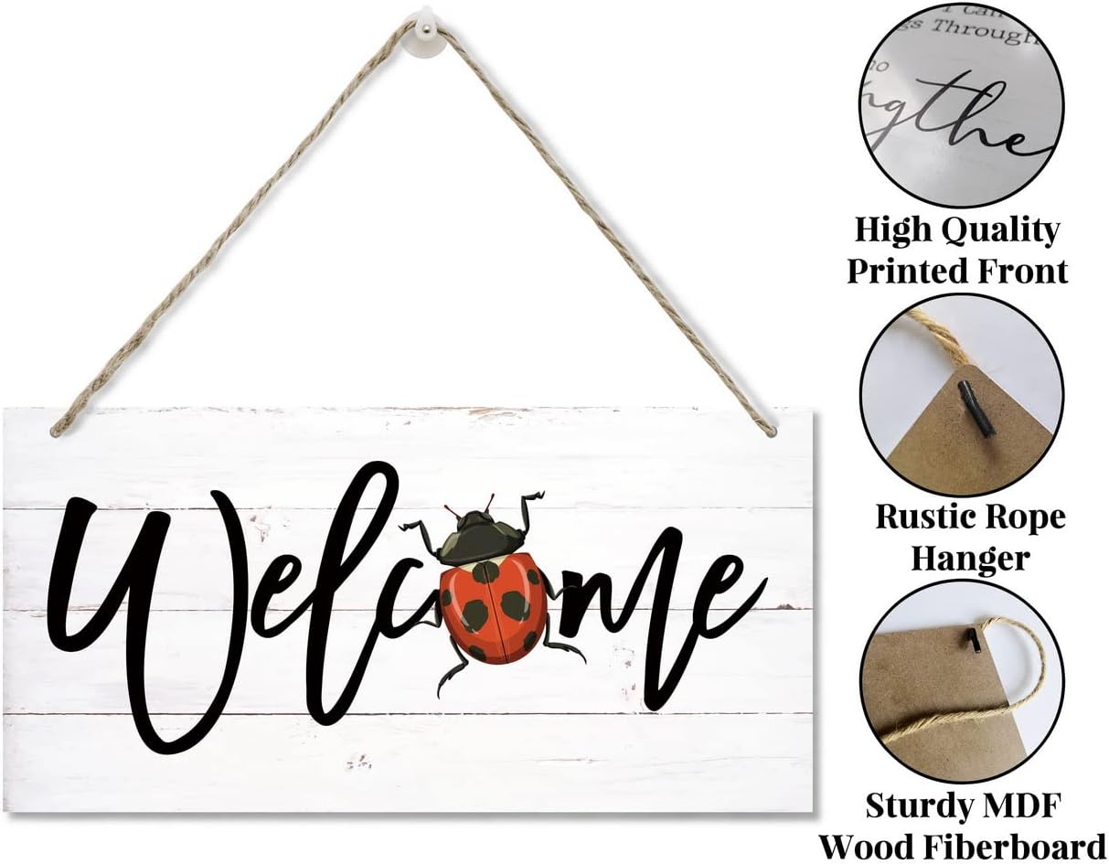 Welcome Decor Sign, Hanging Wood Sign Home Decorative, Printed Wood Wall Art Sign, Ladybug Welcome Sign, Door Sign, Front Door Wall Art Decor, Welcome Sign for Home Farmhouse Yard Garden 12 * 6inch