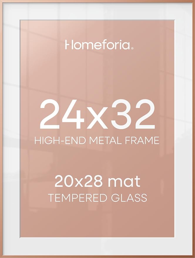 Homeforia 24x32 Rose Gold Picture Frame, High End Metal 24x32 Poster Frames with Mat 20x28 inch Photo, 24 x 32 Thin Frame Matted to 20 x 28 Print, 32x24 Large Frame, Tempered Glass, Wall Kit, Set of 1