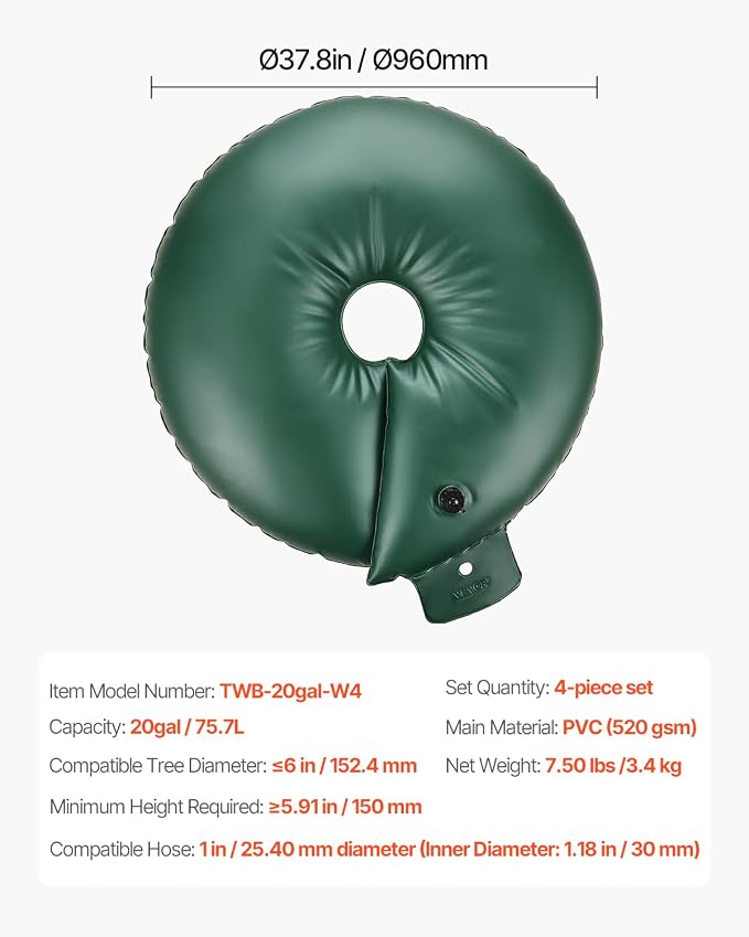 VEVOR Tree Watering Bag Slow Release, 4 Pack 20 Gallons Tree Watering Bags/Ring, Reusable Refillable Tree Irrigation Ring Water Bags, Heavy Duty Watering System for Shrub Tree Root Drip Irrigation