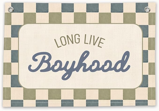 RTXLEZM Boy Room Decor, Long Live Boyhood Nursery Canvas Banner | Retro Blue and Green Plaid Wall Hanging for Kids Toddler Boys Nursery Room Bedroom Playroom Decor, 20x30