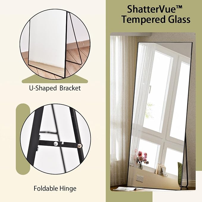 BEAUTYPEAK Full Length Mirror, 71"x26" Standing Hanging or Leaning Against Wall Floor Mirrors Body Dressing Wall-Mounted for Living Room, Bedroom with Aluminum Alloy Thin Frame, Black