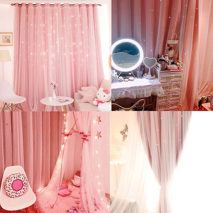 UNISTAR 2 Panels Stars Blackout and Sheer Curtains for Bedroom Girls Kids Baby Room, Double Layer Star Cut Out Living Room Window Curtain, W42 x L84 Inches Long, Pink