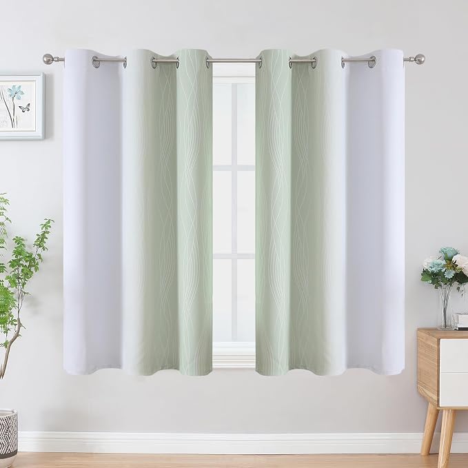 Estelar Textiler Sage Green and Greyish White Ombre Blackout Curtains 45 Inch Length 2 Panels, Full Room Darkening Drapes for Bedroom, Thermal Insulated Grommet Short Curtains for Bathroom,42Wx45L