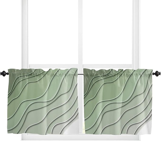 24 Inch Long Tier Curtains for Kitchen, Sage Green Ombre Stripes Geometric Color Gradient Bathroom Window Curtains Rod Pocket Short Curtains Window Treatment Tiers for Living Room Farmhouse 2 Panels