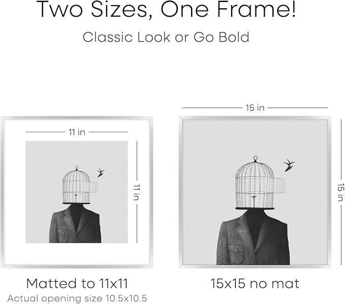 Homeforia 15x15 Picture Frame Silver, High End Metal 15 x 15 Square Frame with Mat 11 x 11 Photo, 15x15 Poster Frames Matted to 11x11 Print, 15 by 15 Hanging Frames, Tempered Glass, Wall Kit, Set of 2