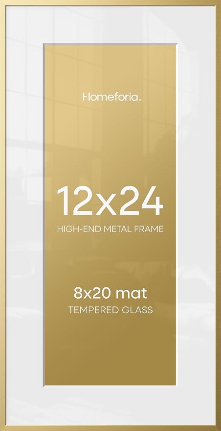 Homeforia 12x24 Picture Frame Gold, High End Metal 12x24 Poster Frames with Mat 8x20 inch Photo, 12 x 24 Gold Frames Matted to 8 by 20 Print, 24x12 Panoramic Frames, Tempered Glass, Wall Kit, Set of 3