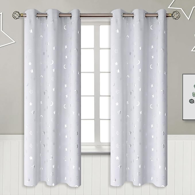 BGment Nursery Curtains for Kids Room, Star and Moon Room Darkening Curtains for Girls Boys Bedroom, BlackoutThermal Insulated Decoration Window Grommet Curtains, 2 Panels, 42 x 72 Inch, Greyish White
