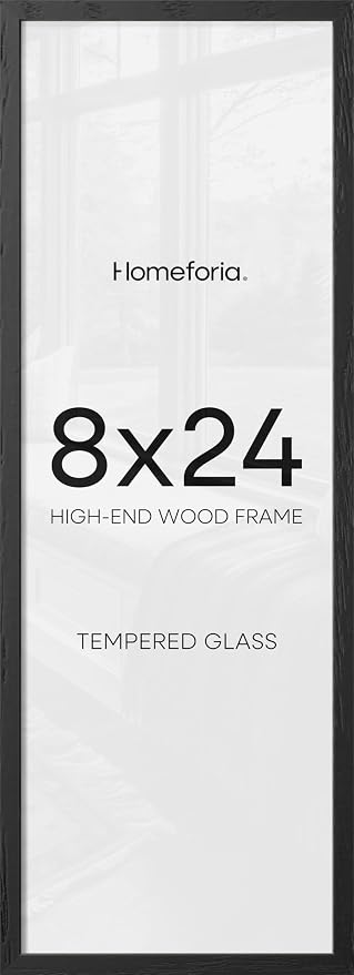 Homeforia 8x24 Black Wood Frame, High End Oak 8 x 24 Panoramic Display Frames without Mat, Wooden 24x8 Thin Hanging Picture Frame for Wall, 8by24 Black Poster Frame, Tempered Glass, Wall Kit, Set of 1