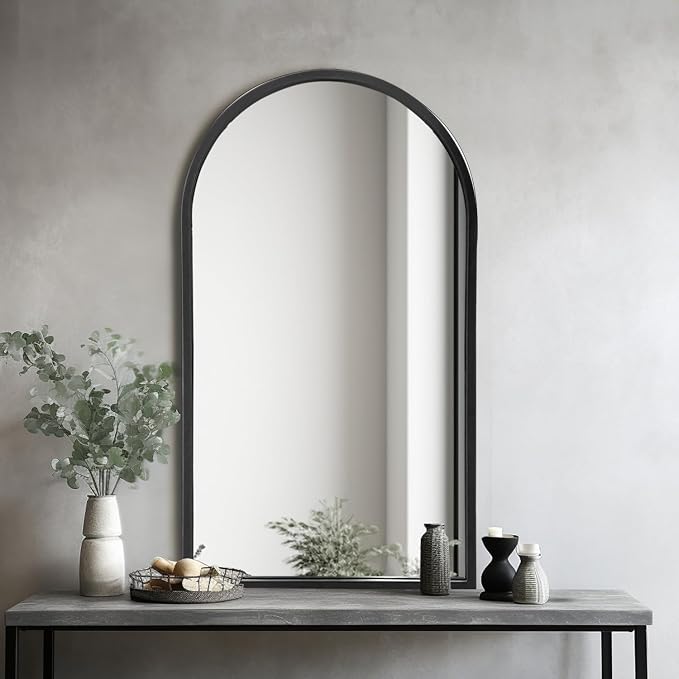 Dewfig Arched Wall Mounted Mirror, 42"x24", Arch Black Mirror for Bathroom Vanity, Living Room or Bedroom, Entryway, Hallway Wall Mirror, Farmhouse Decorative Mirror for Hanging, Black, Iron Frame