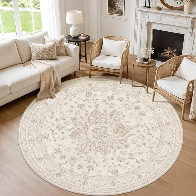 Round Area Rug for Living Room: 6ft Vintage Boho Neutral Washable Circle Rug Soft Large Circular Carpet for Bedroom Nursery Farmhouse Dining Room Office Floor Non-Slip Low Pile Under Table Beige White