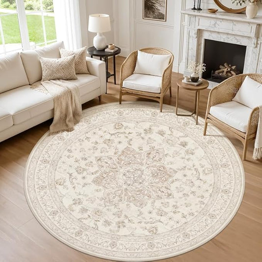 Round Area Rug for Living Room: 8ft Vintage Boho Neutral Washable Circle Rug Soft Large Circular Carpet for Bedroom Nursery Farmhouse Dining Room Office Floor Non-Slip Low Pile Under Table Beige White