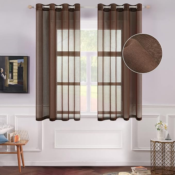 MIULEE 2 Panels Chocolate Brown Semi Sheer Window Curtains Elegant Grommet Top Window Voile Drapes/Treatment Linen Textured Panels for Bedroom Living Room (54X63 Inches Dark Brown)