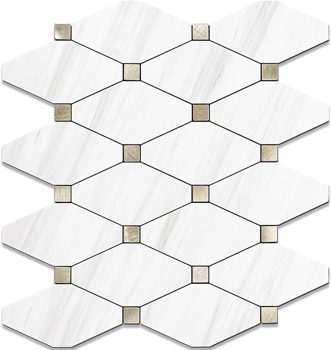 STICKGOO 1 Sheet Peel and Stick Dolomite Mosaic Tile, White Marble Look PVC Mixed Metal Gold Kitchen Backsplash for Fireplace, RV
