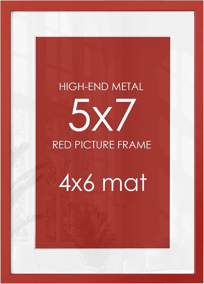 FLYJOE 5x7 Picture Frame for 4x6 Photo, Minimalist Aluminum Frame, Red | Sleek Metal Wall Frame for Gallery, Desk, or Gift Giving | Shatterproof Glass & Wall Kit