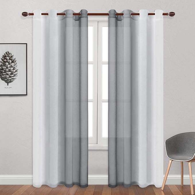 DWCN Ombre Grey Faux Linen Sheer Curtains - Semi Voile Gradient Grommet Top Curtains for Bedroom and Living Room, 52 x 108 Inches Long, Set of 2 Window Curtain Panels