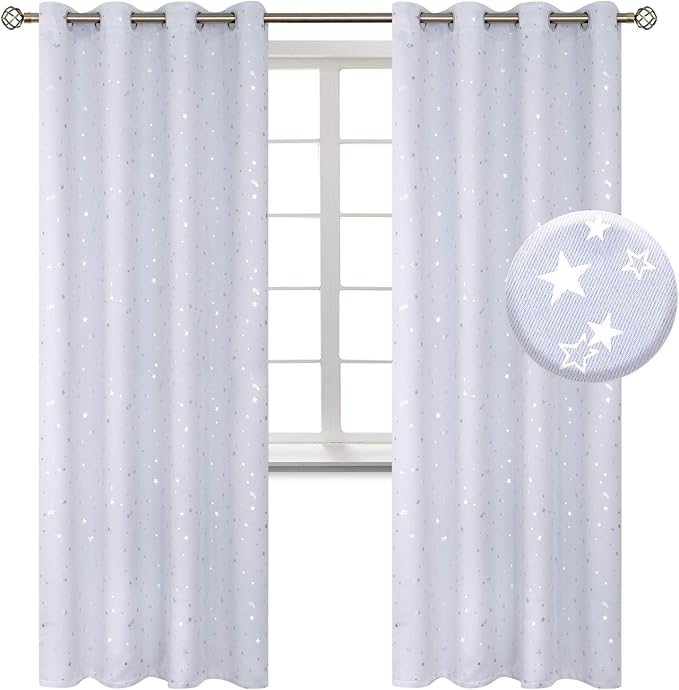 BGment Kids Room Curtains for Bedroom - Grommet Thermal Insulated Silver Star Print Room Darkening Curtains for Living Room, Set of 2 Panels, 52 x 72 Inch, Greyish White