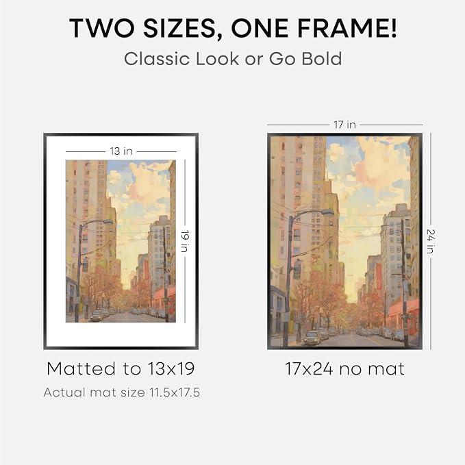 Homeforia 17x24 Picture Frame Black, High End Metal 17x24 Poster Frames with Mat 13x19 for Photo, 17 x 24 Black Frame Matted to 13 x 19 inch Print, 24x17 Thin Frame, Tempered Glass, Wall Kit, Set of 2