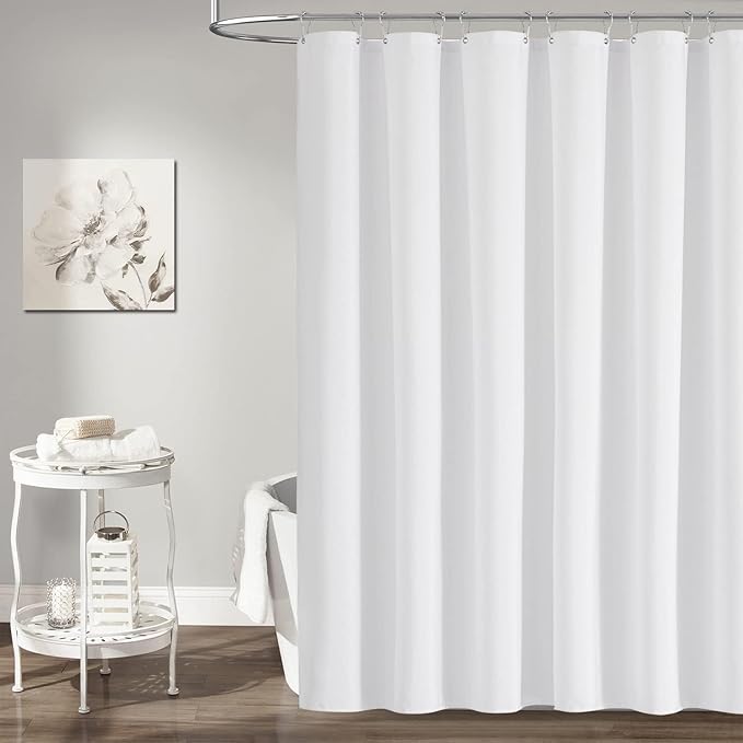 BTTN Fabric Shower Curtain, Linen Textured Heavy Duty Polyester Cloth Shower Curtain Set with Plastic Hooks, White, 84" W x 72" L (Pack of 1)