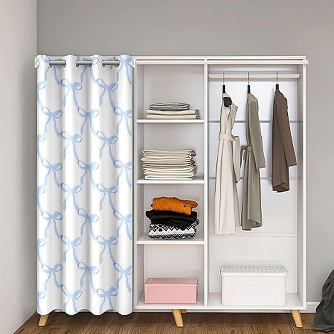 Feelyou Blue Bow Print Room Blackout Curtain Cute Bowknot Closet Door Cover Curtain for Bedroom Living Room Set Ribbon Bow Door Curtain for Doorway Privacy Blue Bow Room 1 Panel, 42"x80"