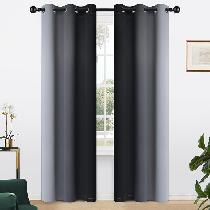 Yakamok Ombre Curtains Black and Greyish White for Living Room,42Wx84L | Room Darkening Curtains 84,Thermal Insulated Gradient Color Drape,Light Blocking Grommet Window Curtains for Bedroom,2 Panels