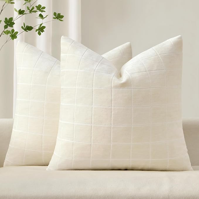 MIULEE Cream Plaid Decorative Throw Pillow Covers 18x18 Set of 2 | Vintage Check Chenille Couch Pillows Neutral Boho Farmhouse Cushion Covers Modern Home Decor for Sofa Bed Living Room